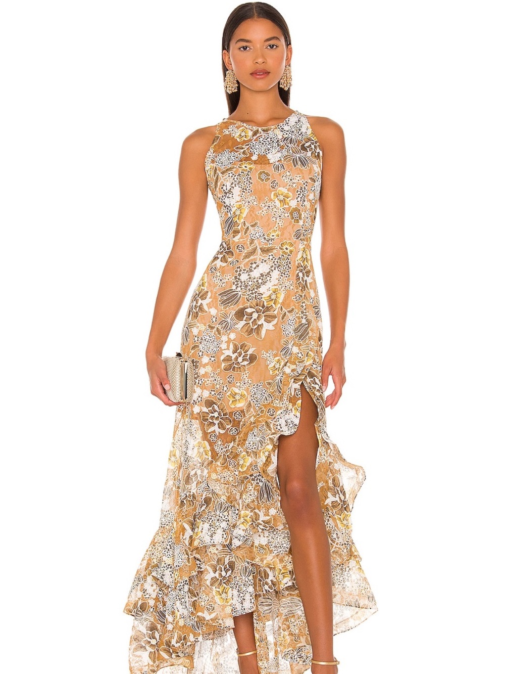 Floral Ruffle High-Low Dress in Golden Tan